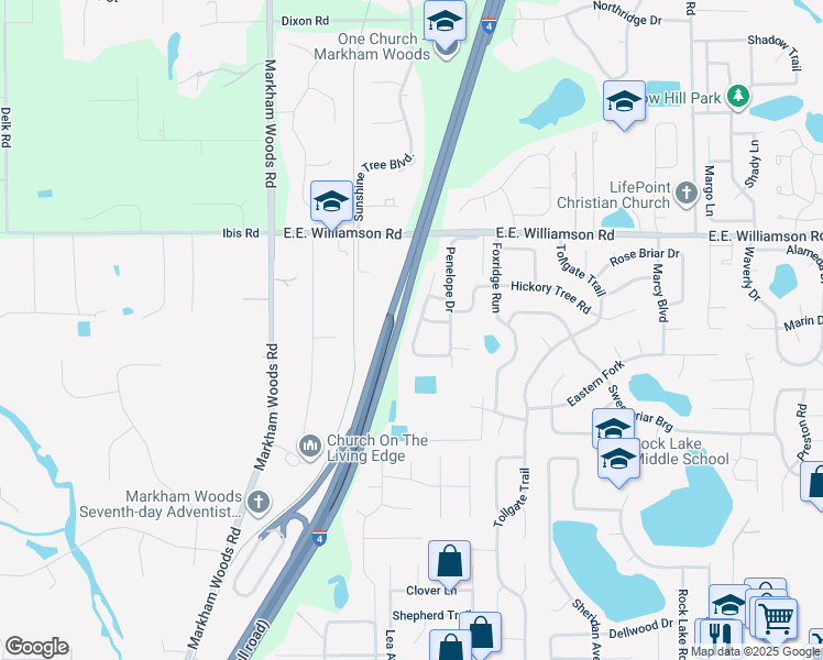 map of restaurants, bars, coffee shops, grocery stores, and more near 118 Des Pinar Lane in Longwood