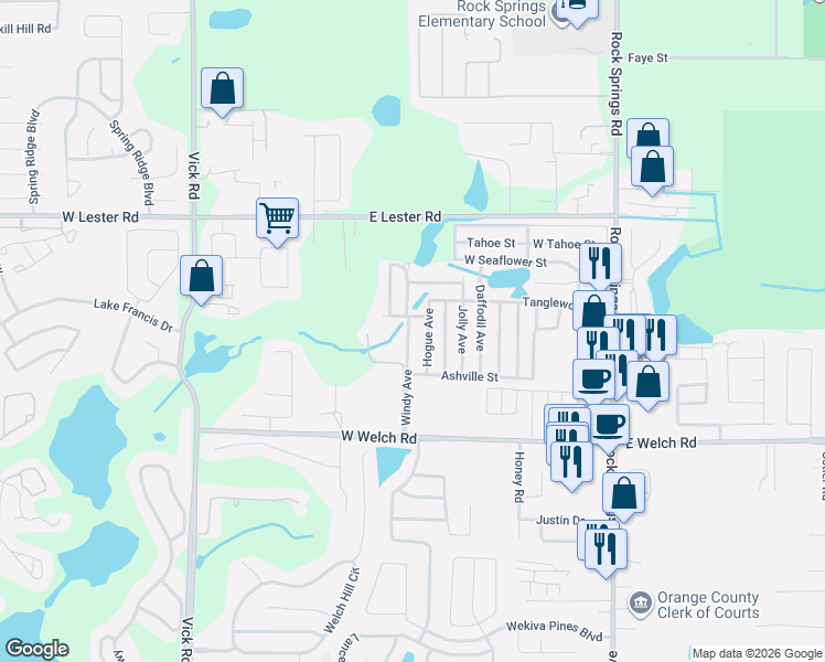 map of restaurants, bars, coffee shops, grocery stores, and more near 1753 Windy Avenue in Apopka