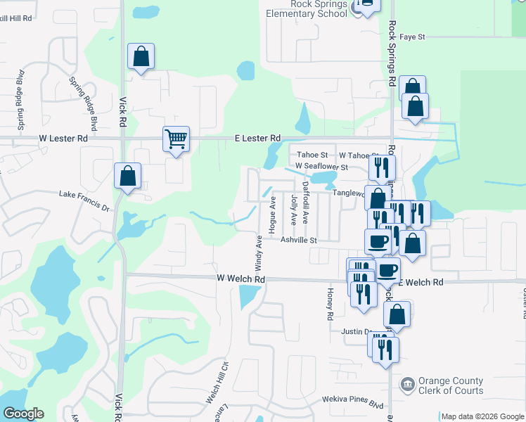 map of restaurants, bars, coffee shops, grocery stores, and more near 1753 Windy Avenue in Apopka