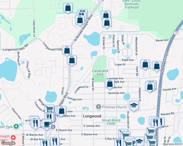 map of restaurants, bars, coffee shops, grocery stores, and more near 924 North Grant Street in Longwood