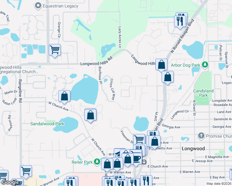 map of restaurants, bars, coffee shops, grocery stores, and more near 981 Cross Cut Way in Longwood