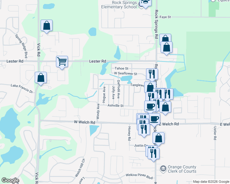 map of restaurants, bars, coffee shops, grocery stores, and more near 1768 Daffodil Avenue in Apopka