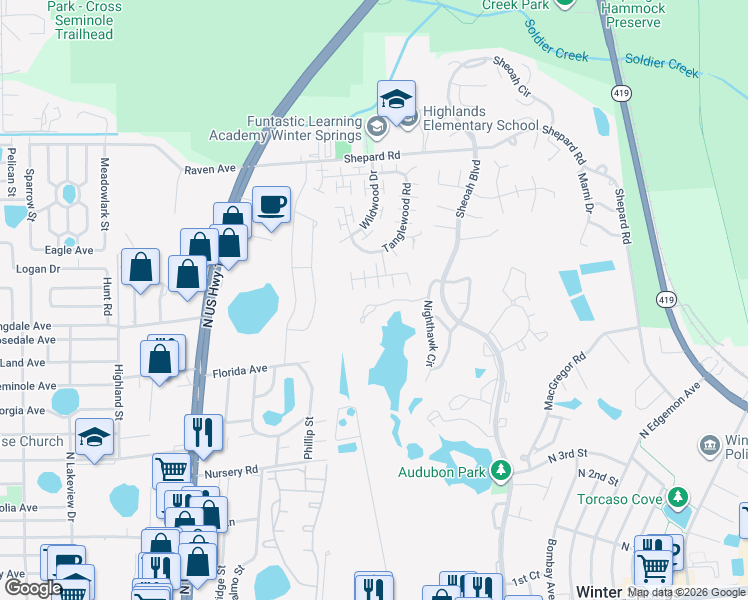 map of restaurants, bars, coffee shops, grocery stores, and more near 645 Cypress Lane in Winter Springs