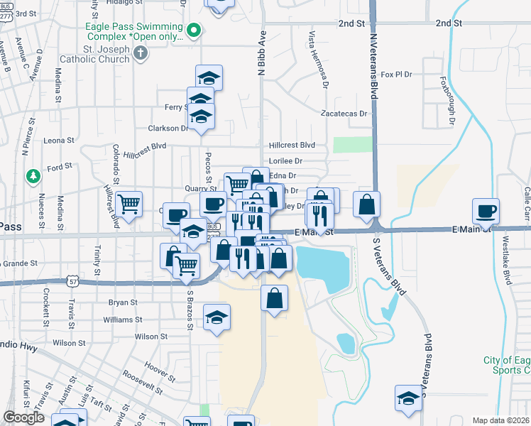map of restaurants, bars, coffee shops, grocery stores, and more near 2302 Stanley Drive in Eagle Pass