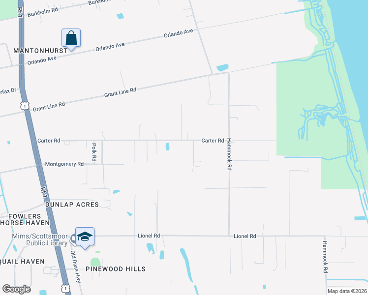 map of restaurants, bars, coffee shops, grocery stores, and more near 3335 Carter Road in Mims