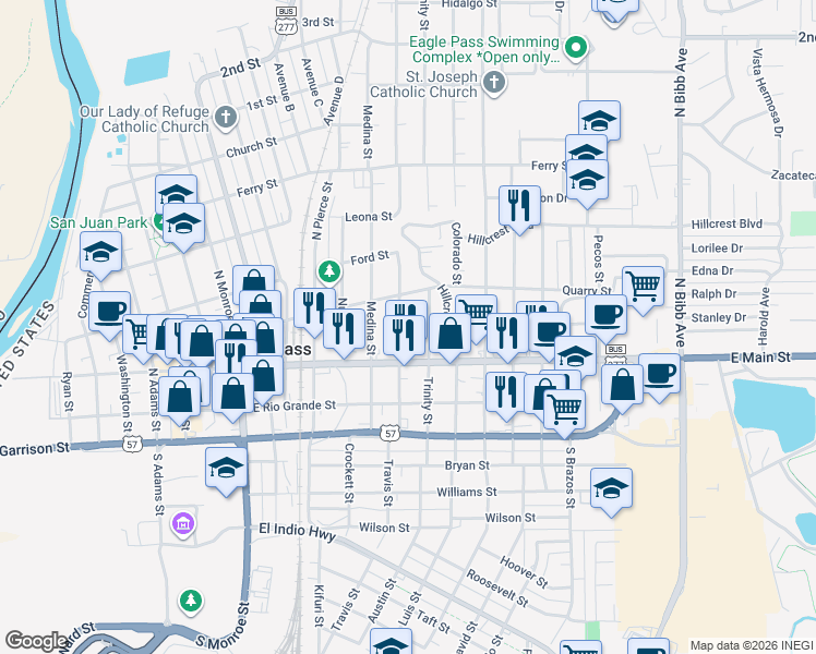 map of restaurants, bars, coffee shops, grocery stores, and more near 360 Concho Street in Eagle Pass