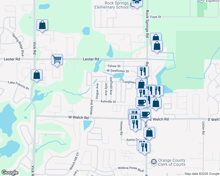 map of restaurants, bars, coffee shops, grocery stores, and more near 1768 Daffodil Avenue in Apopka
