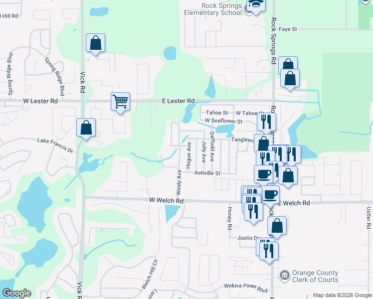 map of restaurants, bars, coffee shops, grocery stores, and more near 1753 Windy Avenue in Apopka
