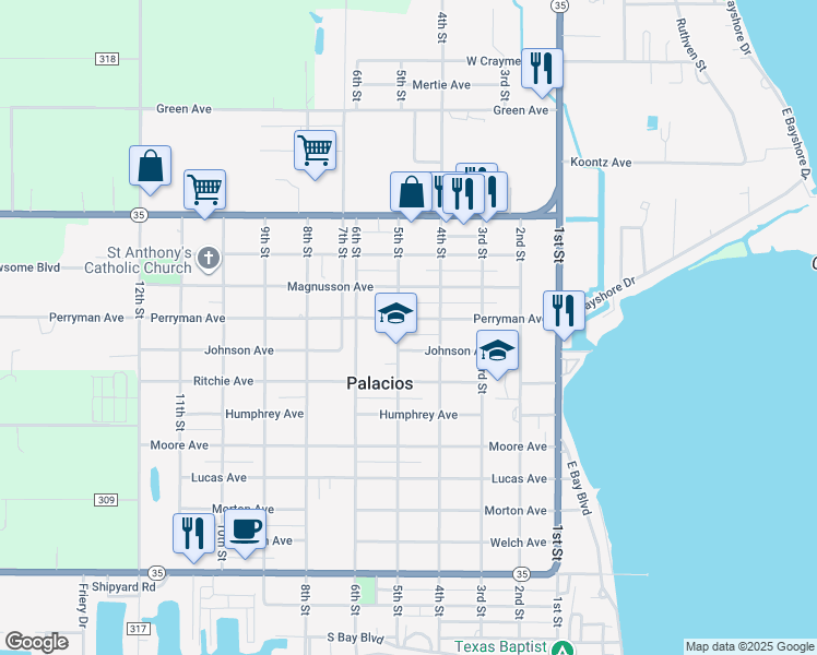 map of restaurants, bars, coffee shops, grocery stores, and more near 1006 5th Street in Palacios