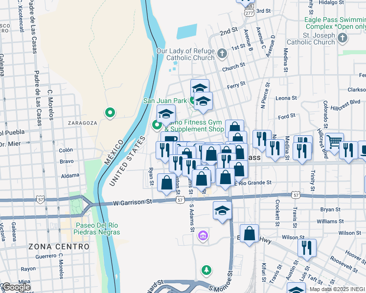 map of restaurants, bars, coffee shops, grocery stores, and more near 489 North Adams Street in Eagle Pass