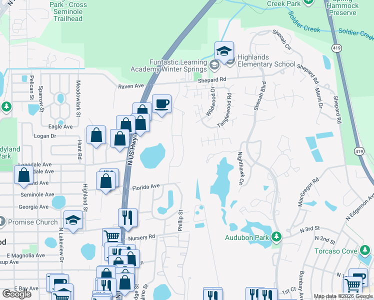 map of restaurants, bars, coffee shops, grocery stores, and more near 795 Maple Leaf Loop in Winter Springs