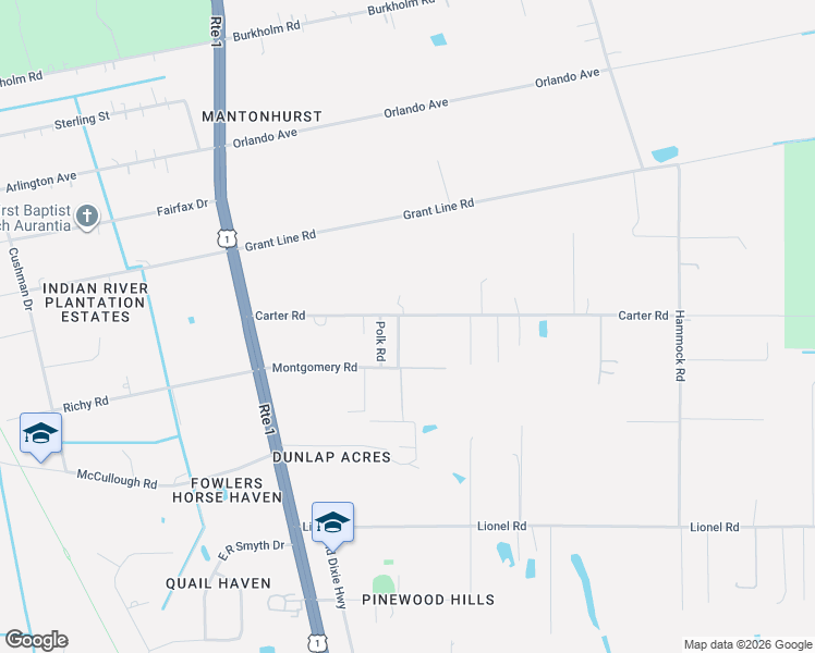 map of restaurants, bars, coffee shops, grocery stores, and more near 3575 Carter Road in Mims