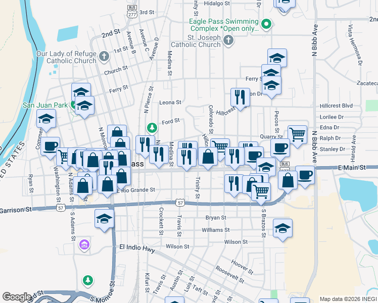 map of restaurants, bars, coffee shops, grocery stores, and more near 360 Concho Street in Eagle Pass