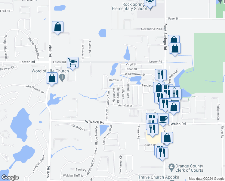 map of restaurants, bars, coffee shops, grocery stores, and more near 1752 Hogue Avenue in Apopka