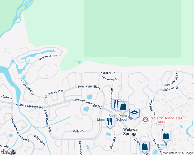 map of restaurants, bars, coffee shops, grocery stores, and more near 105 Hickory Drive in Longwood