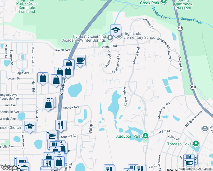 map of restaurants, bars, coffee shops, grocery stores, and more near 645 Cypress Lane in Winter Springs