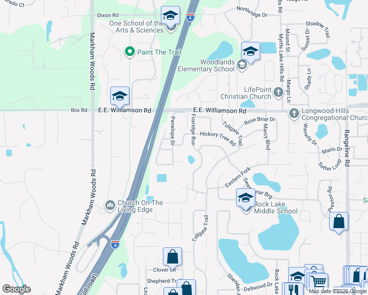 map of restaurants, bars, coffee shops, grocery stores, and more near 94 Hickory Tree Road in Longwood