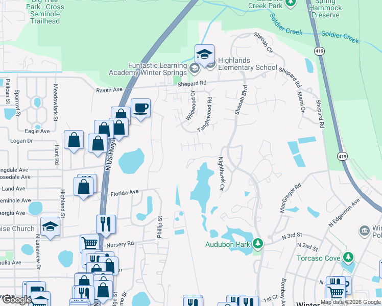 map of restaurants, bars, coffee shops, grocery stores, and more near 645 Cypress Lane in Winter Springs