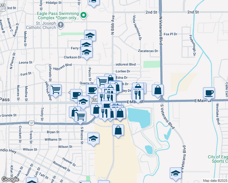 map of restaurants, bars, coffee shops, grocery stores, and more near 2302 Stanley Drive in Eagle Pass