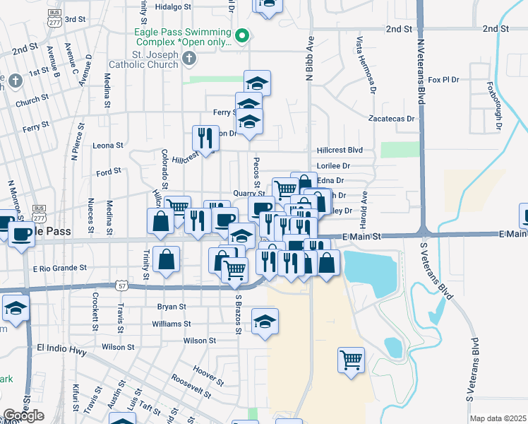 map of restaurants, bars, coffee shops, grocery stores, and more near 398 Pecos Street in Eagle Pass