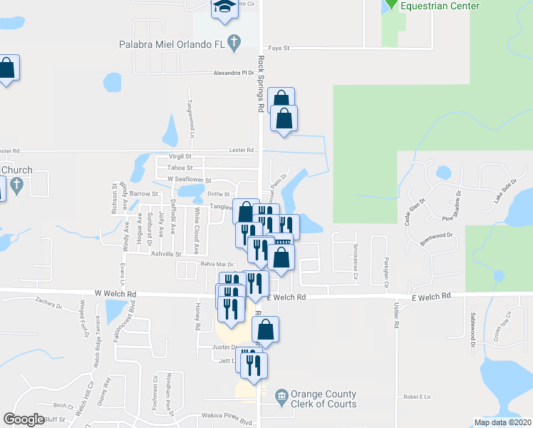 map of restaurants, bars, coffee shops, grocery stores, and more near 1808 Sunset Palm Drive in Apopka