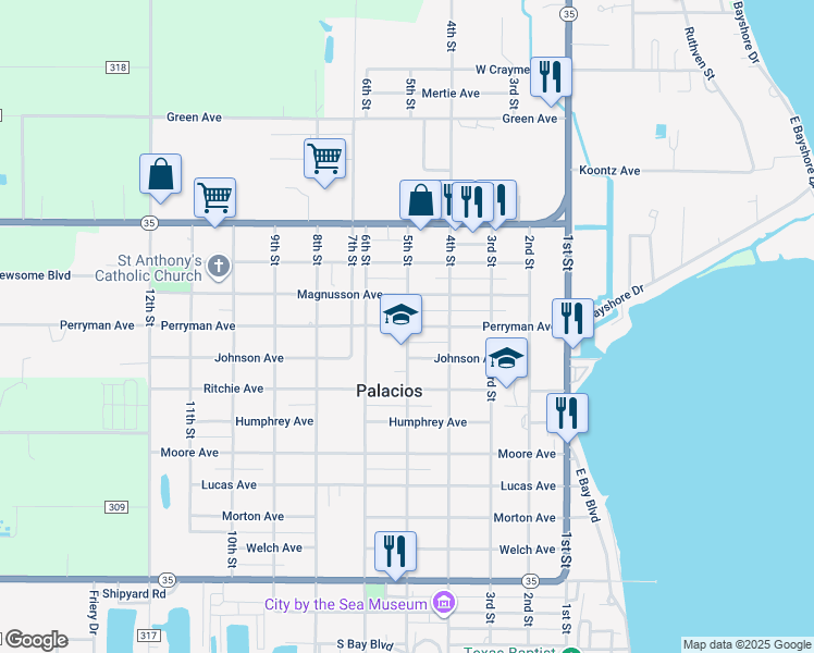 map of restaurants, bars, coffee shops, grocery stores, and more near 1001 5th Street in Palacios