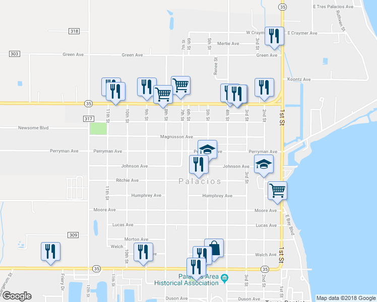 map of restaurants, bars, coffee shops, grocery stores, and more near 6th Street in Palacios
