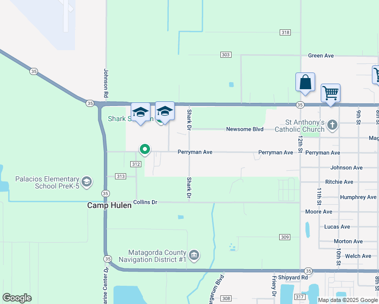 map of restaurants, bars, coffee shops, grocery stores, and more near Shark Drive in Palacios