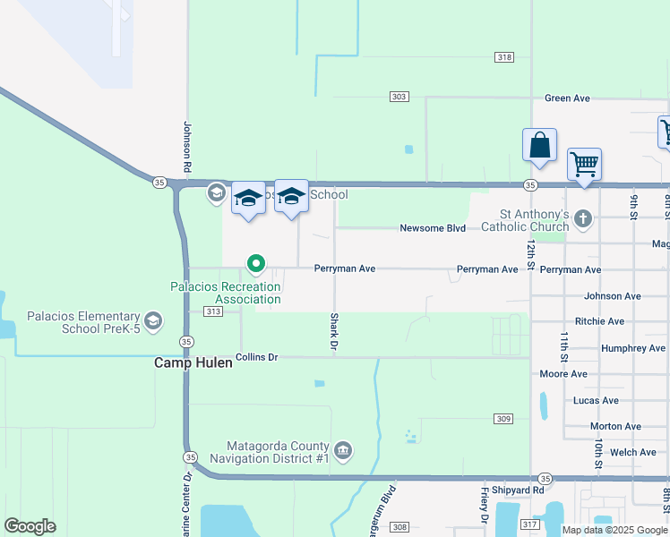 map of restaurants, bars, coffee shops, grocery stores, and more near Shark Drive in Palacios