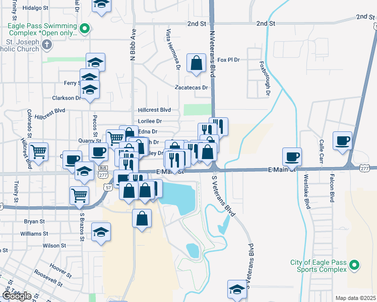 map of restaurants, bars, coffee shops, grocery stores, and more near 2421 East Main Street in Eagle Pass