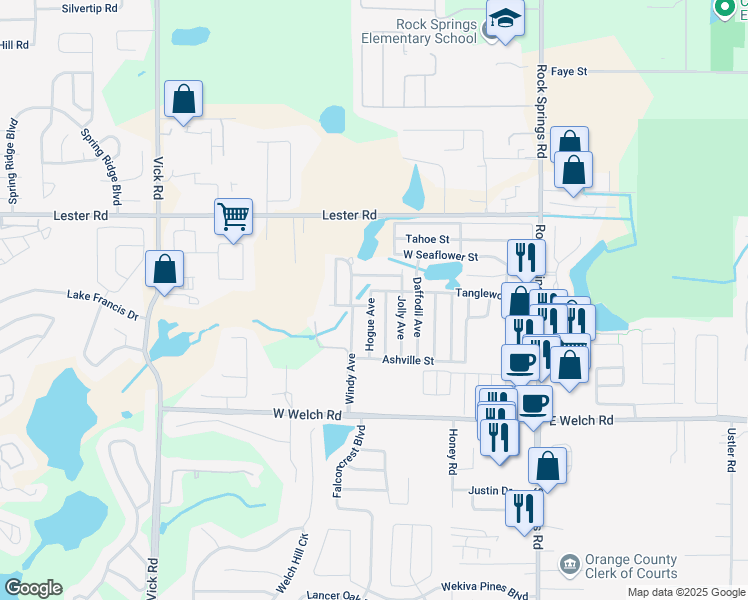 map of restaurants, bars, coffee shops, grocery stores, and more near 1753 Windy Avenue in Apopka