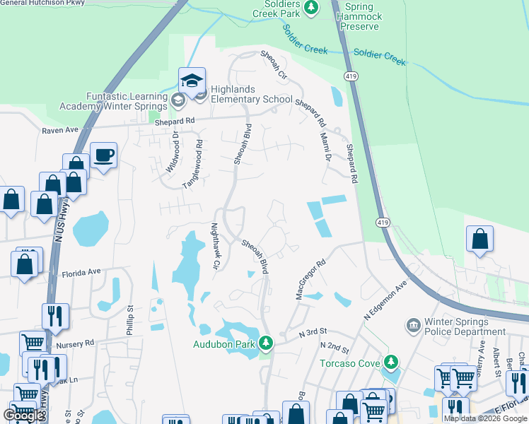 map of restaurants, bars, coffee shops, grocery stores, and more near 512 Club Drive in Winter Springs