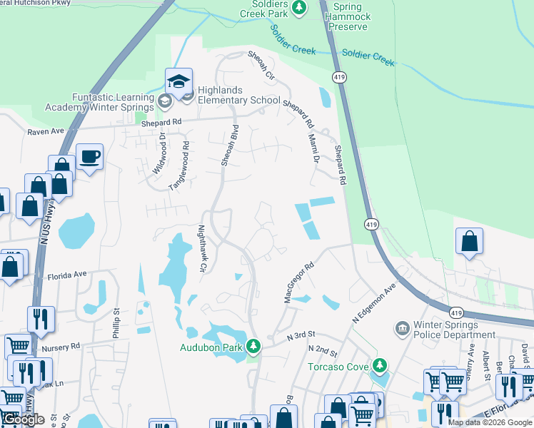 map of restaurants, bars, coffee shops, grocery stores, and more near 512 Club Drive in Winter Springs
