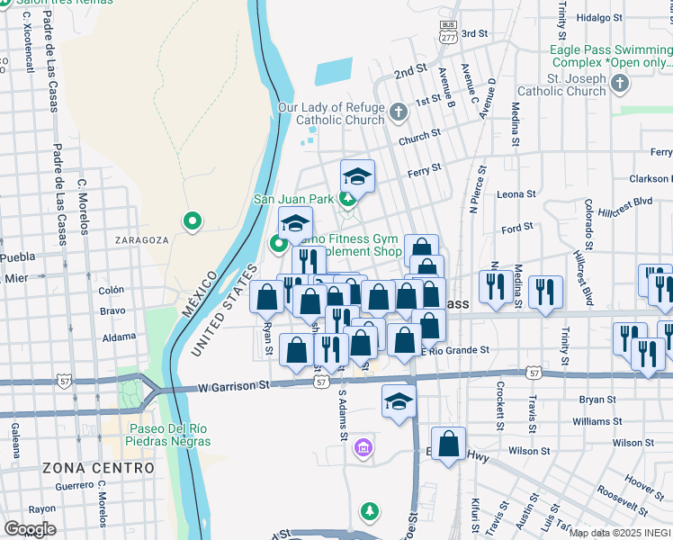 map of restaurants, bars, coffee shops, grocery stores, and more near 489 N Adams St in Eagle Pass