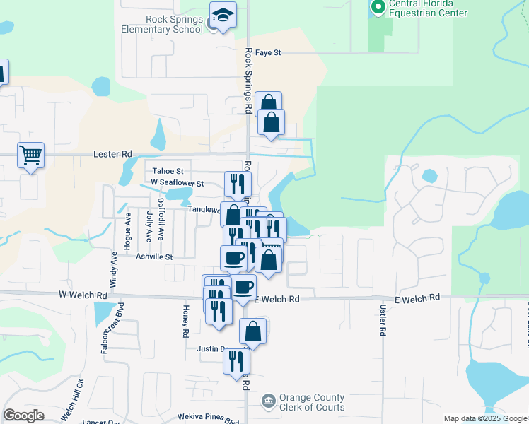 map of restaurants, bars, coffee shops, grocery stores, and more near 1817 Sunset Palm Drive in Apopka