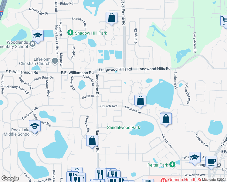map of restaurants, bars, coffee shops, grocery stores, and more near 321 Bonnie Trail in Longwood