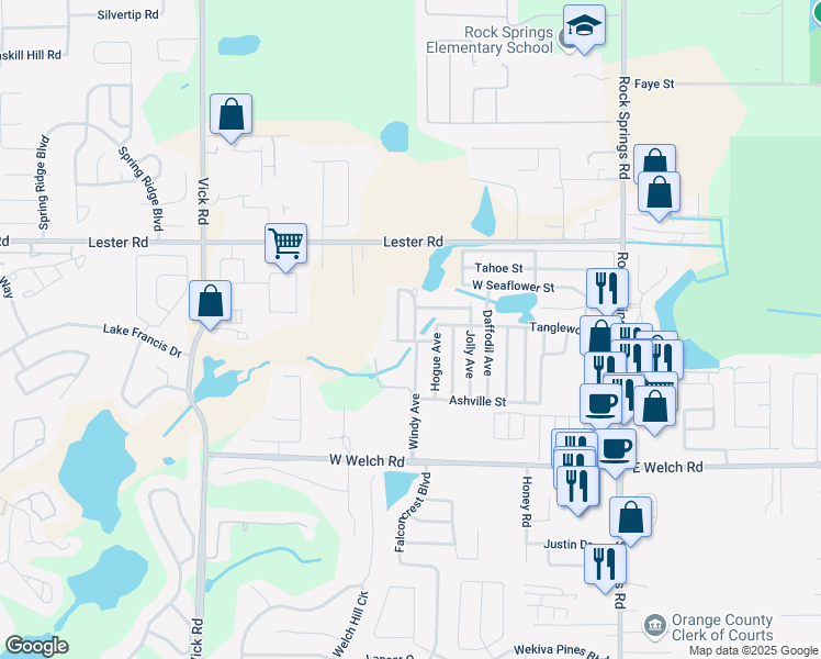 map of restaurants, bars, coffee shops, grocery stores, and more near 1753 Windy Avenue in Apopka