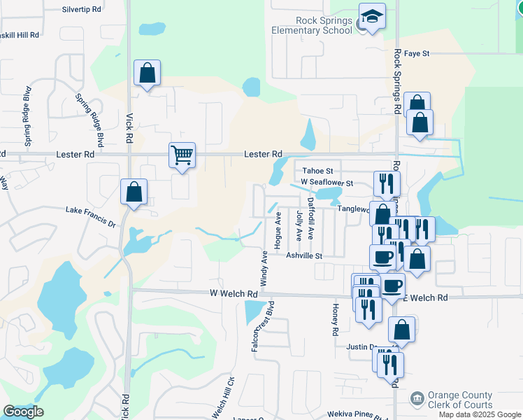 map of restaurants, bars, coffee shops, grocery stores, and more near 1753 Windy Avenue in Apopka