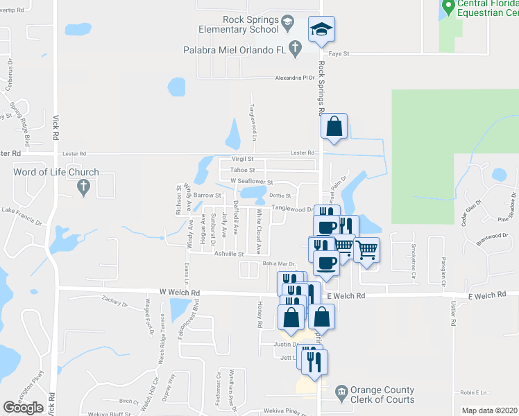 map of restaurants, bars, coffee shops, grocery stores, and more near 1782 White Cloud Ave in Apopka