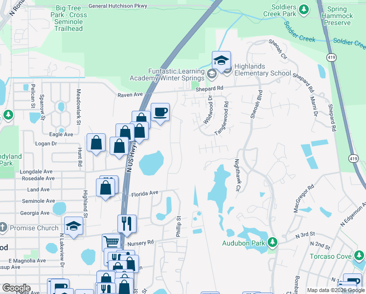 map of restaurants, bars, coffee shops, grocery stores, and more near 795 Maple Leaf Loop in Winter Springs