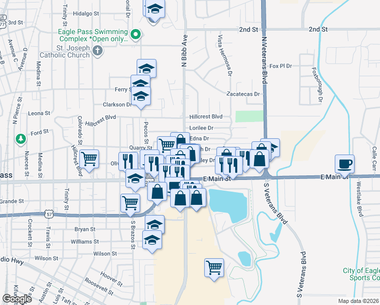 map of restaurants, bars, coffee shops, grocery stores, and more near 571 North Bibb Avenue in Eagle Pass