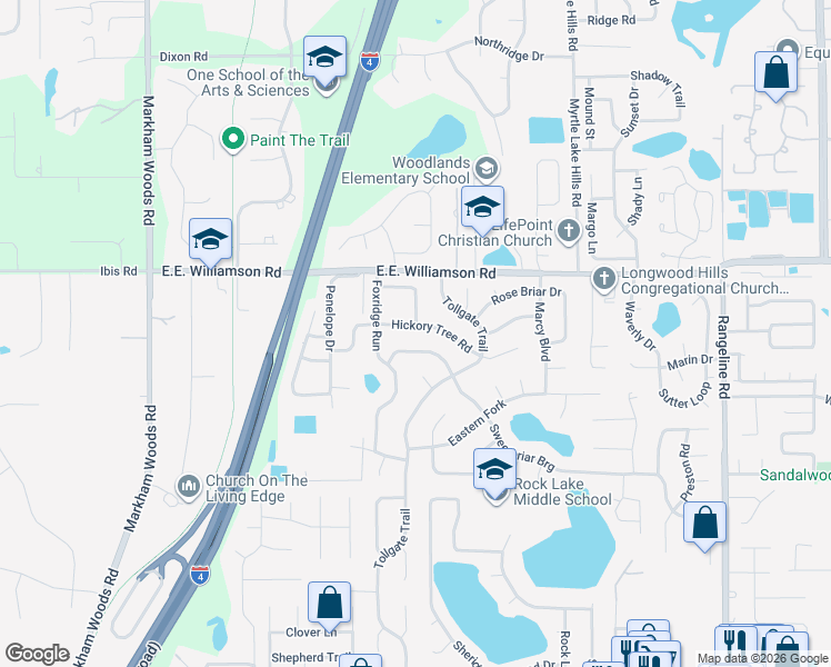 map of restaurants, bars, coffee shops, grocery stores, and more near 111 Hickory Tree Road in Longwood