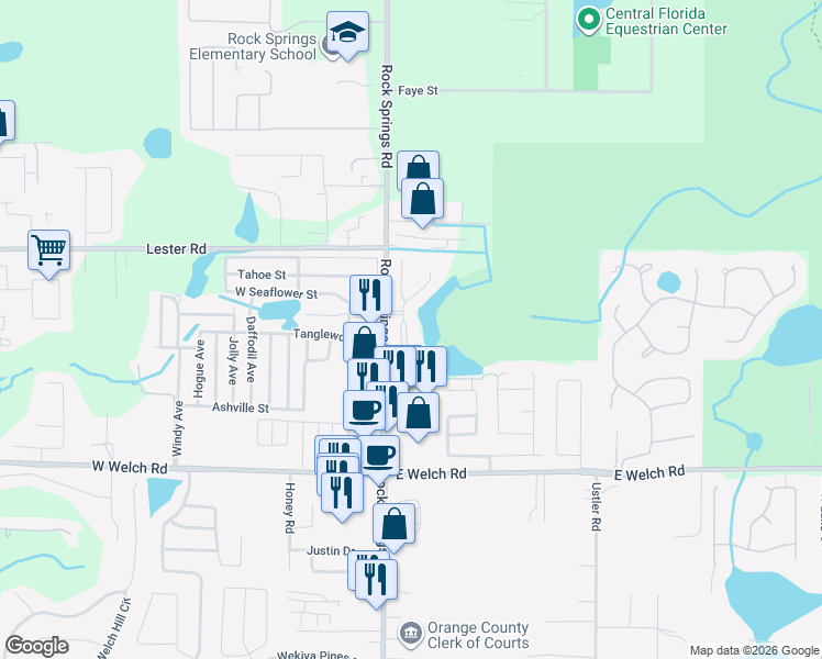 map of restaurants, bars, coffee shops, grocery stores, and more near 1902 Beacon Bay Court in Apopka