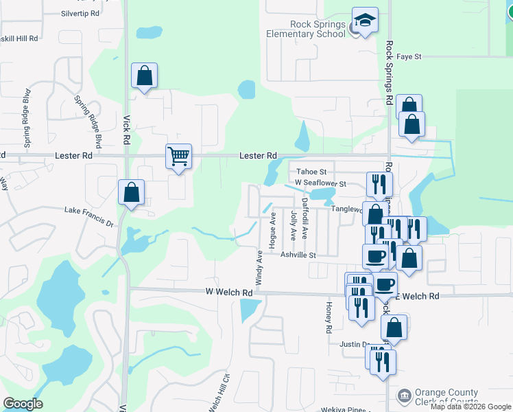map of restaurants, bars, coffee shops, grocery stores, and more near 1838 Richson Street in Apopka