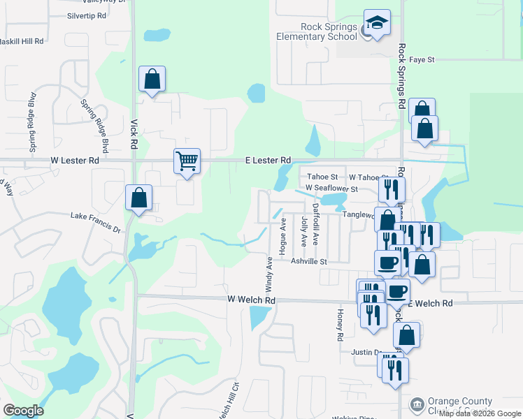 map of restaurants, bars, coffee shops, grocery stores, and more near 1838 Richson Street in Apopka