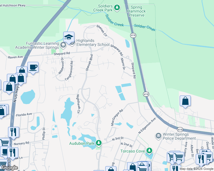 map of restaurants, bars, coffee shops, grocery stores, and more near 466 Club Drive in Winter Springs