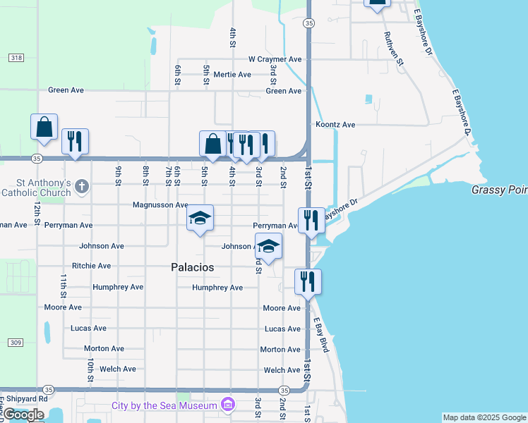 map of restaurants, bars, coffee shops, grocery stores, and more near 200-298 Magnusson Avenue in Palacios