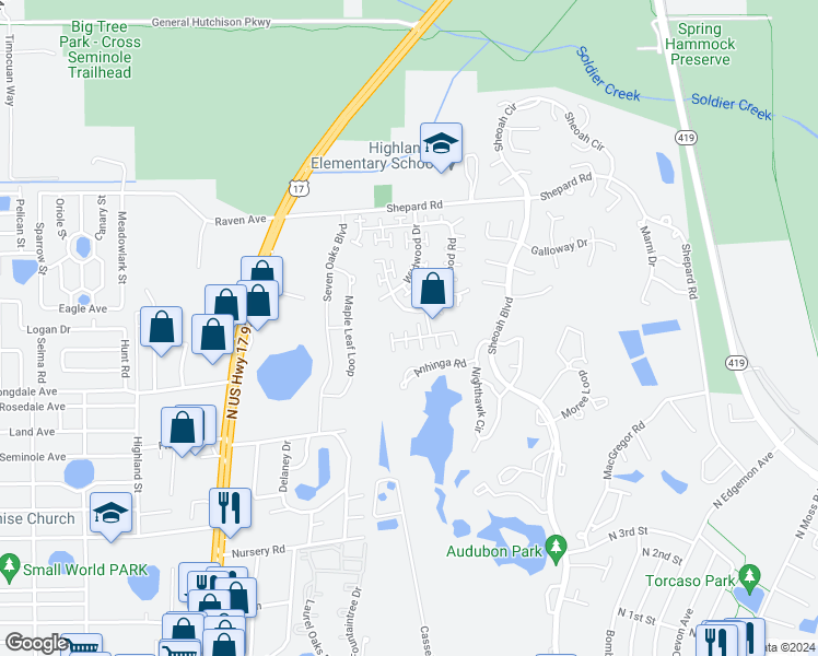 map of restaurants, bars, coffee shops, grocery stores, and more near 654 Cypress Lane in Winter Springs
