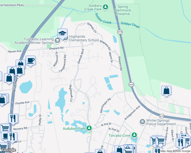 map of restaurants, bars, coffee shops, grocery stores, and more near 468 Club Drive in Winter Springs