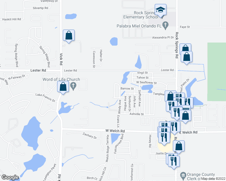 map of restaurants, bars, coffee shops, grocery stores, and more near 1838 Richson Street in Apopka